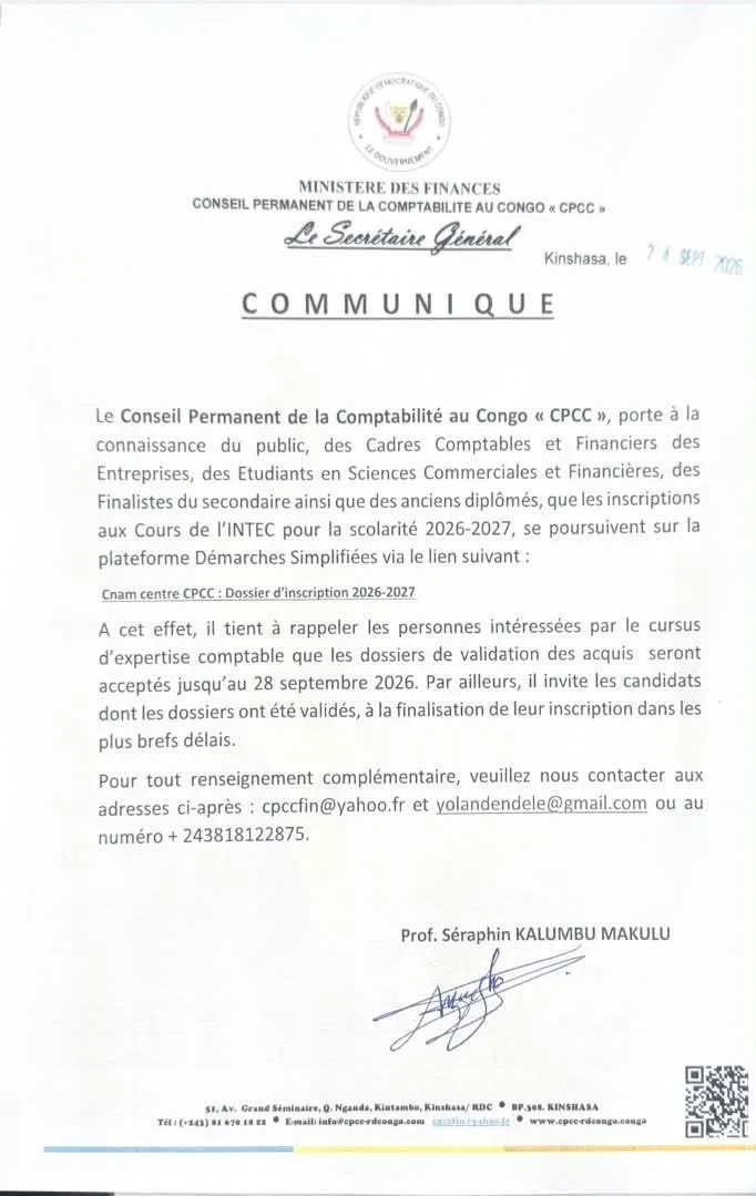 COMMUNIQUÉ OFFICIEL — INTEC / CPCC 2026-2027